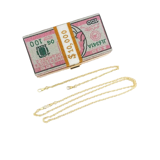 Money-themed clutch bag with a gold chain on a white background