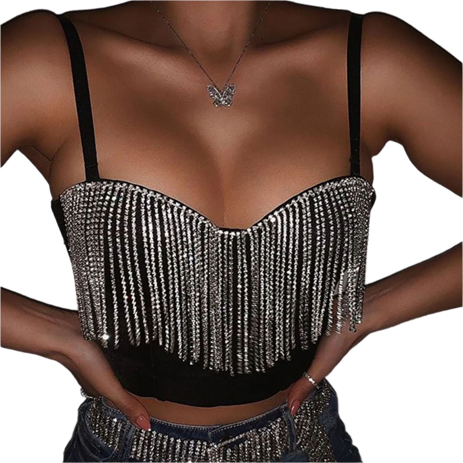 diamond tassel suspender crop top with crystal splicing for resort fashion wear