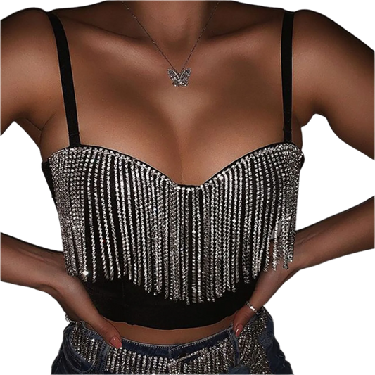 diamond tassel suspender crop top with crystal splicing for resort fashion wear