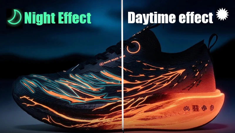 Light-up shoe showing night and daytime effects with a moonlit background.