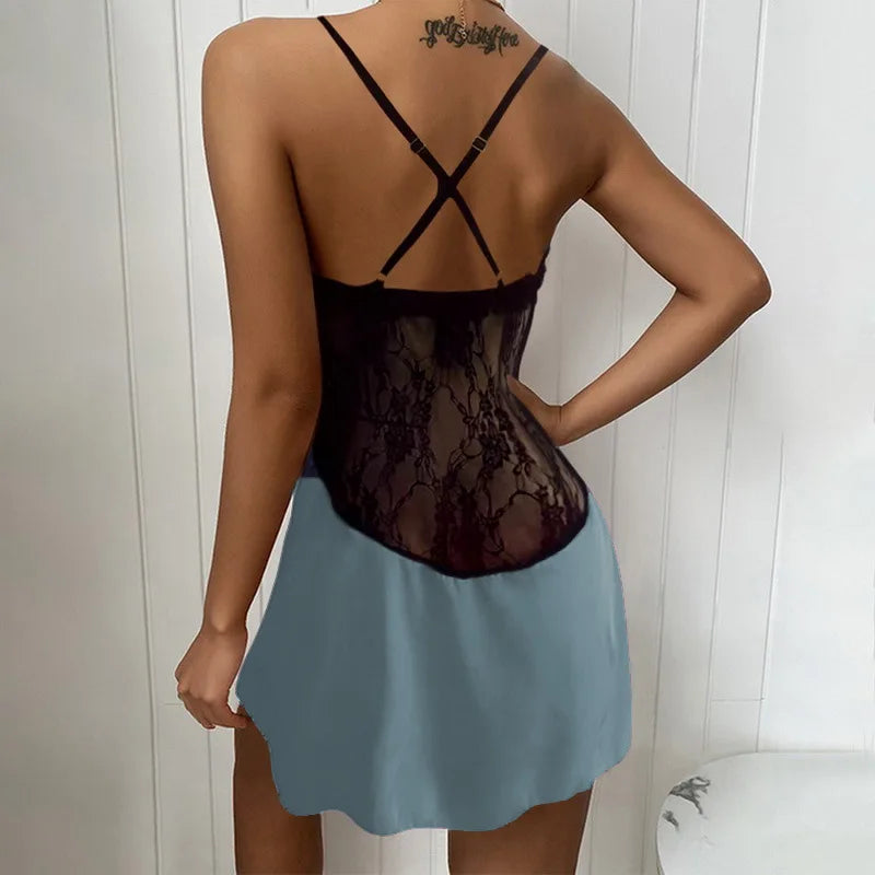 Patchwork Perspective Lace Nightgown Intimate Lingerie Summer New Female Sleepwear Suspender Nightdress Satin Homewear Undewear