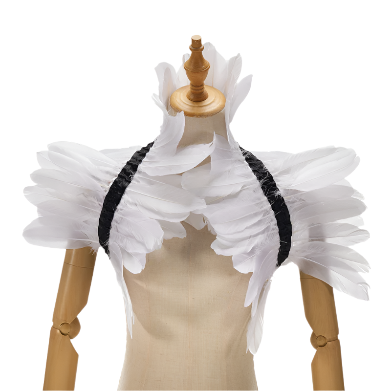  Feather Shoulder Piece: A vibrant feather shoulder piece displayed on a mannequin, with black accents and a striking, textured design.