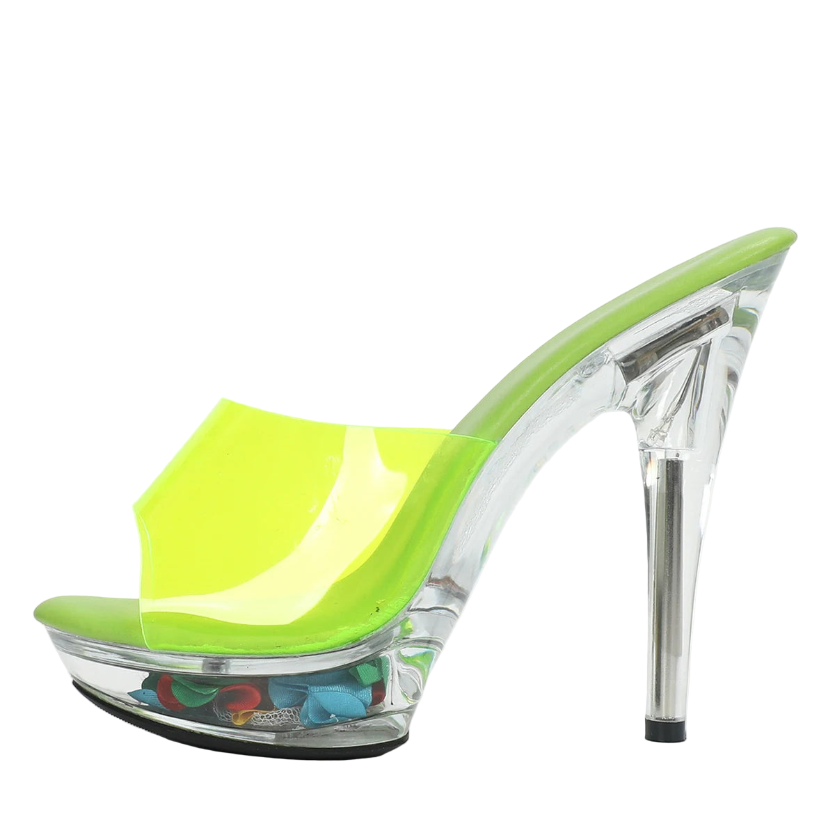 Neon green high-heeled shoe with clear heel on a white background