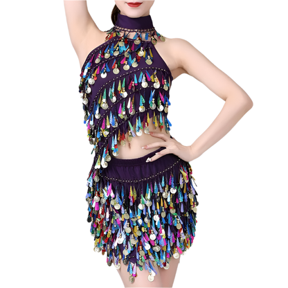  sequin coin tassel Latin dance set with fringe top and skirt for professional resort performances
