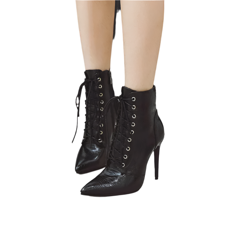 Black lace-up high-heeled boots on a neutral background