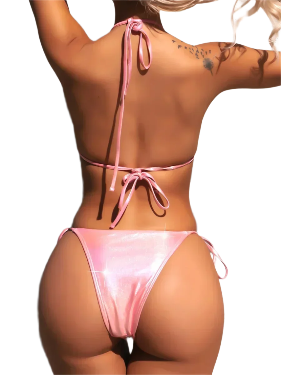 A shiny, iridescent bikini in shades of pink . It features a classic triangle top and tie-side bottoms, creating a vibrant and eye-catching beachwear style.