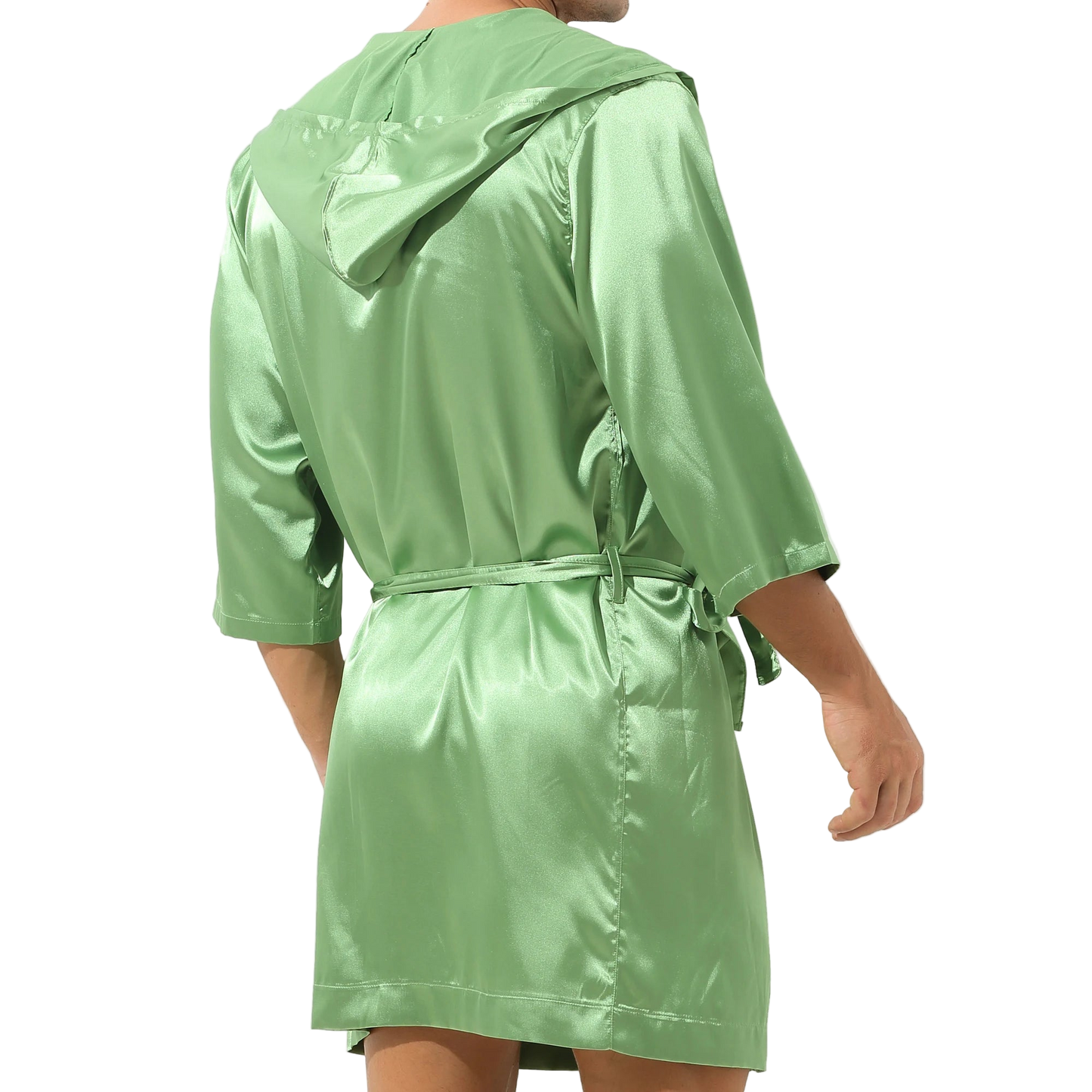 Green raincoat worn by a person on a white background