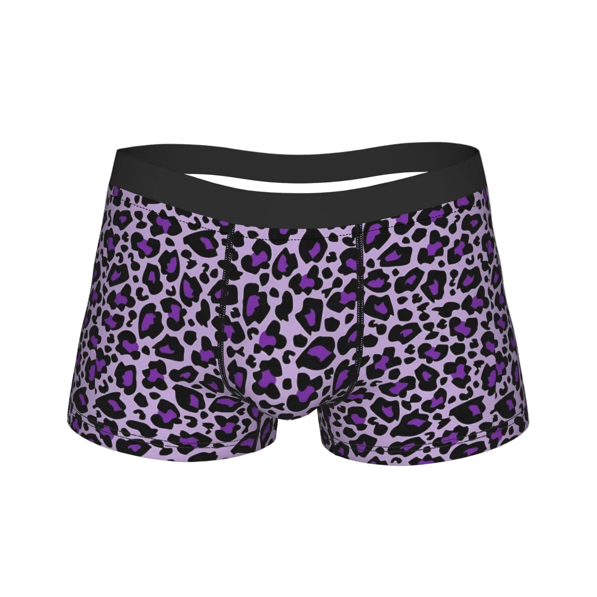 A pair of men's boxer briefs featuring a purple and black leopard print pattern with a solid black waistband, shown against a plain white background.