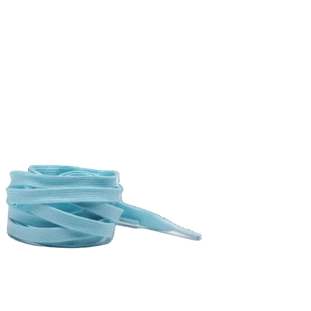 Light blue shoelaces on a white background with a black background showing a shoe with green laces.