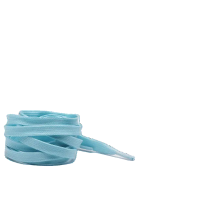 Light blue shoelaces on a white background with a black background showing a shoe with green laces.