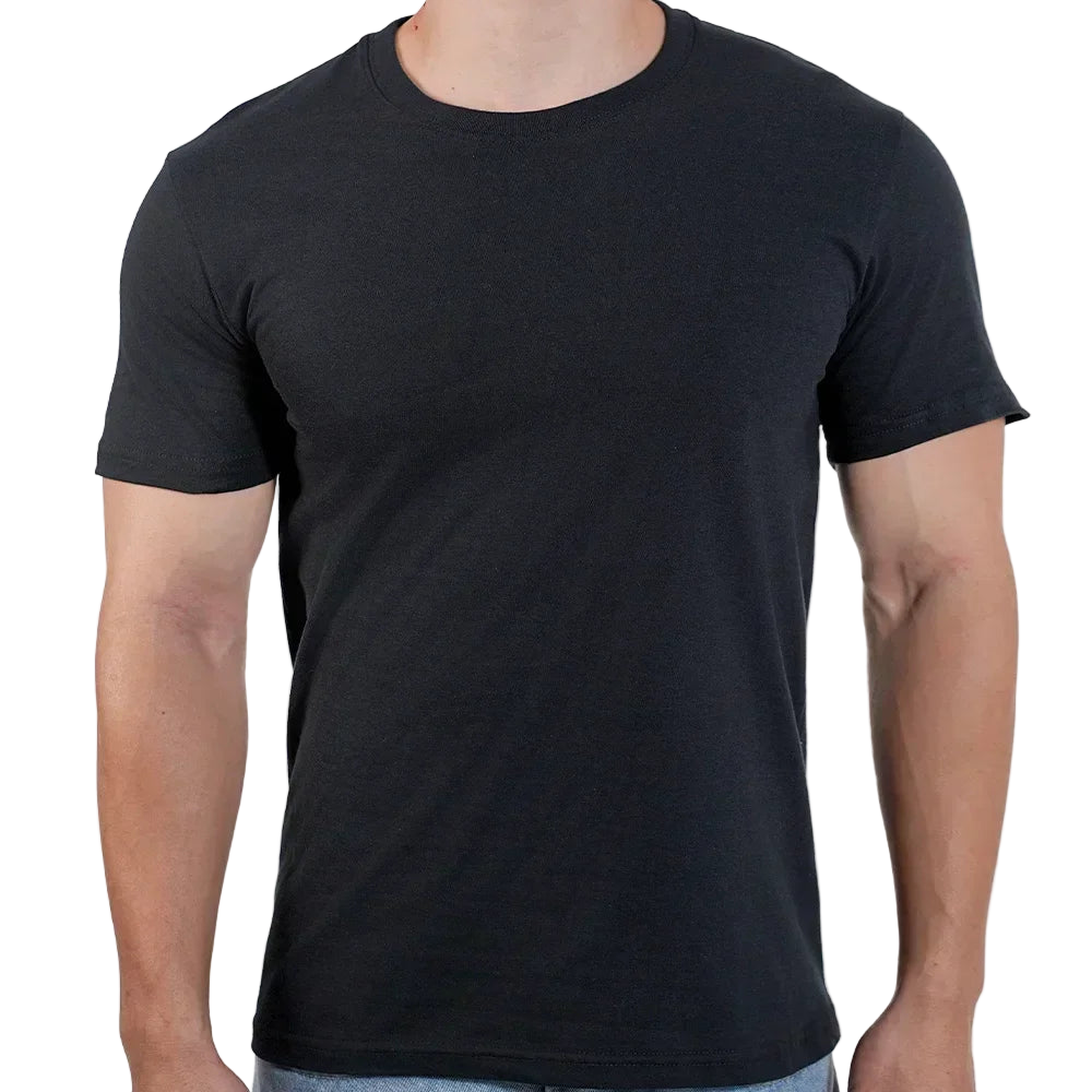 Black t-shirt worn by a person on a white background