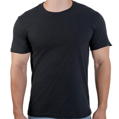 Black t-shirt worn by a person on a white background