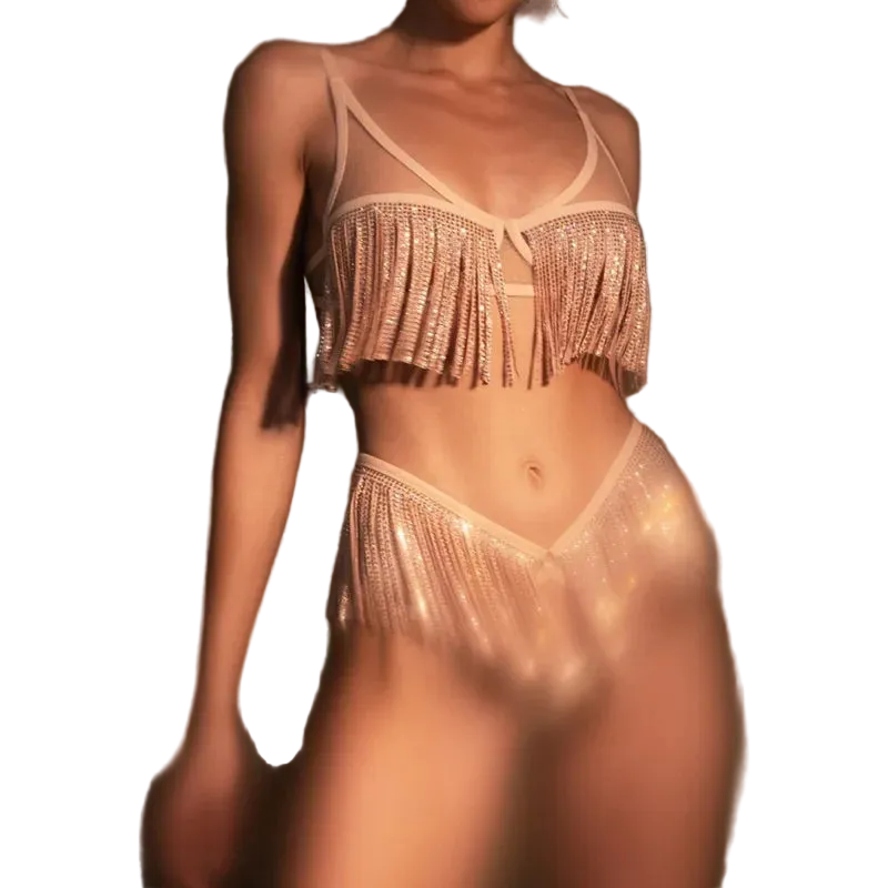 Person wearing a sparkling bikini with fringe details against a dark background