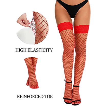Red fishnet stockings with red lace top and black reinforced toe, on a white background.