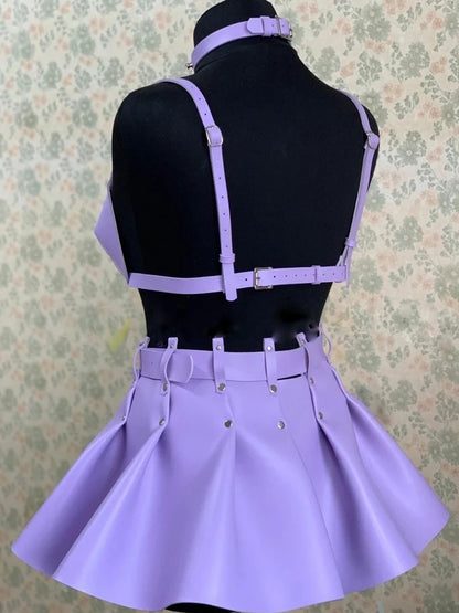 Women's Pu Leather Strap Bra Space Costume Singer Cosplay Space Suspenders Gothic Ruffle Suspenders Holographic Leather Outfit