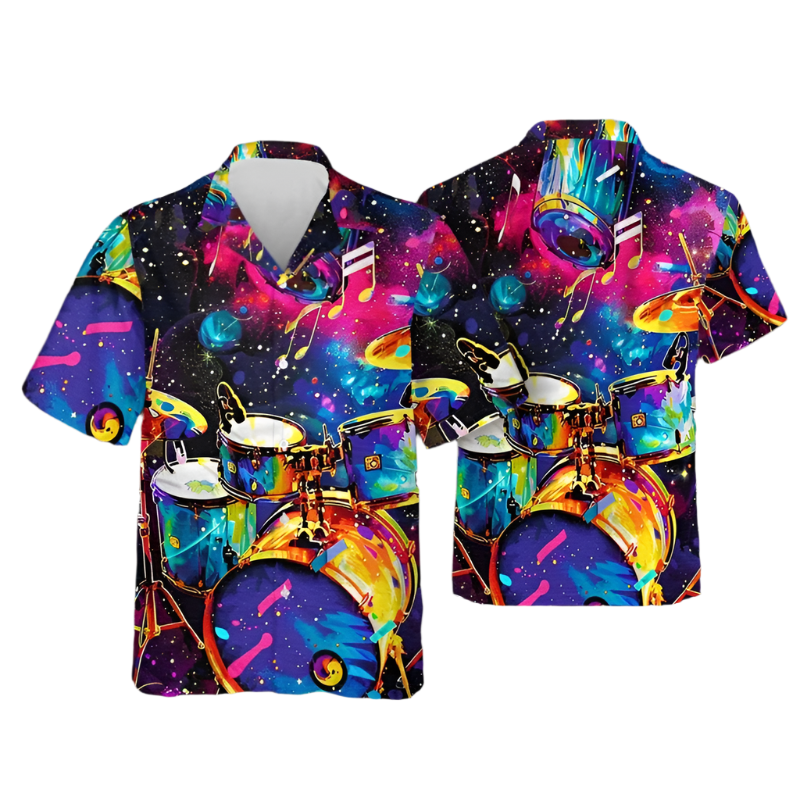 Colorful shirt with drum set design on a plain background