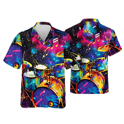 Colorful shirt with drum set design on a plain background