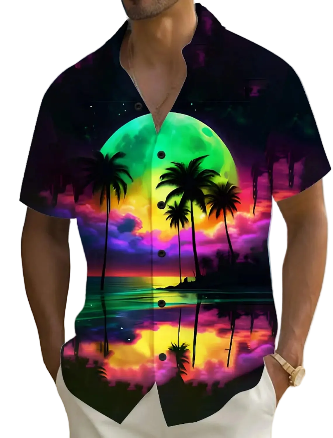 Person wearing a colorful Hawaiian shirt with palm tree design on a beach.