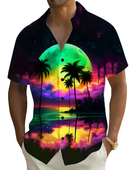 Person wearing a colorful Hawaiian shirt with palm tree design on a beach.