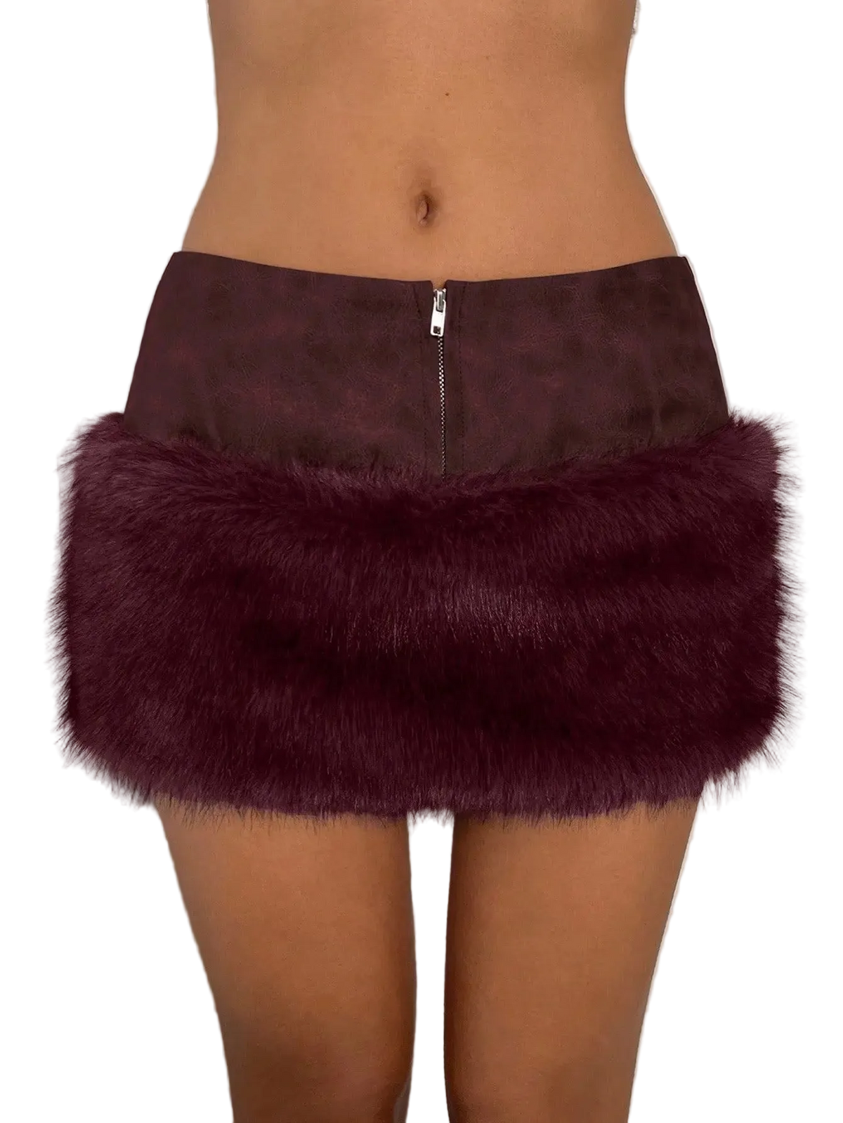 A close-up of a person wearing a mini skirt with a dark brown faux-leather top half and a fluffy deep burgundy faux-fur bottom half, shown against a plain light background.