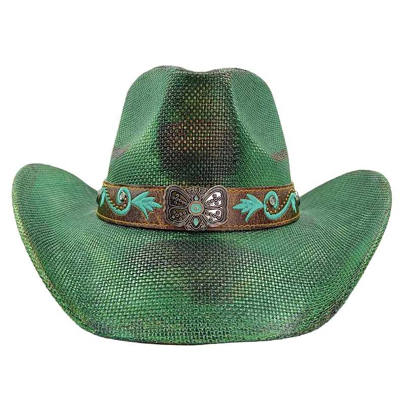 Green cowboy hat with decorative band on a white background