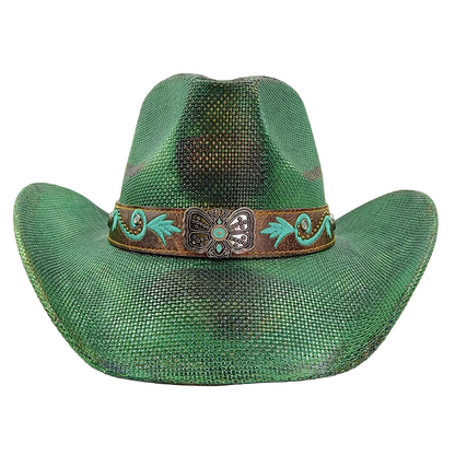 Green cowboy hat with decorative band on a white background