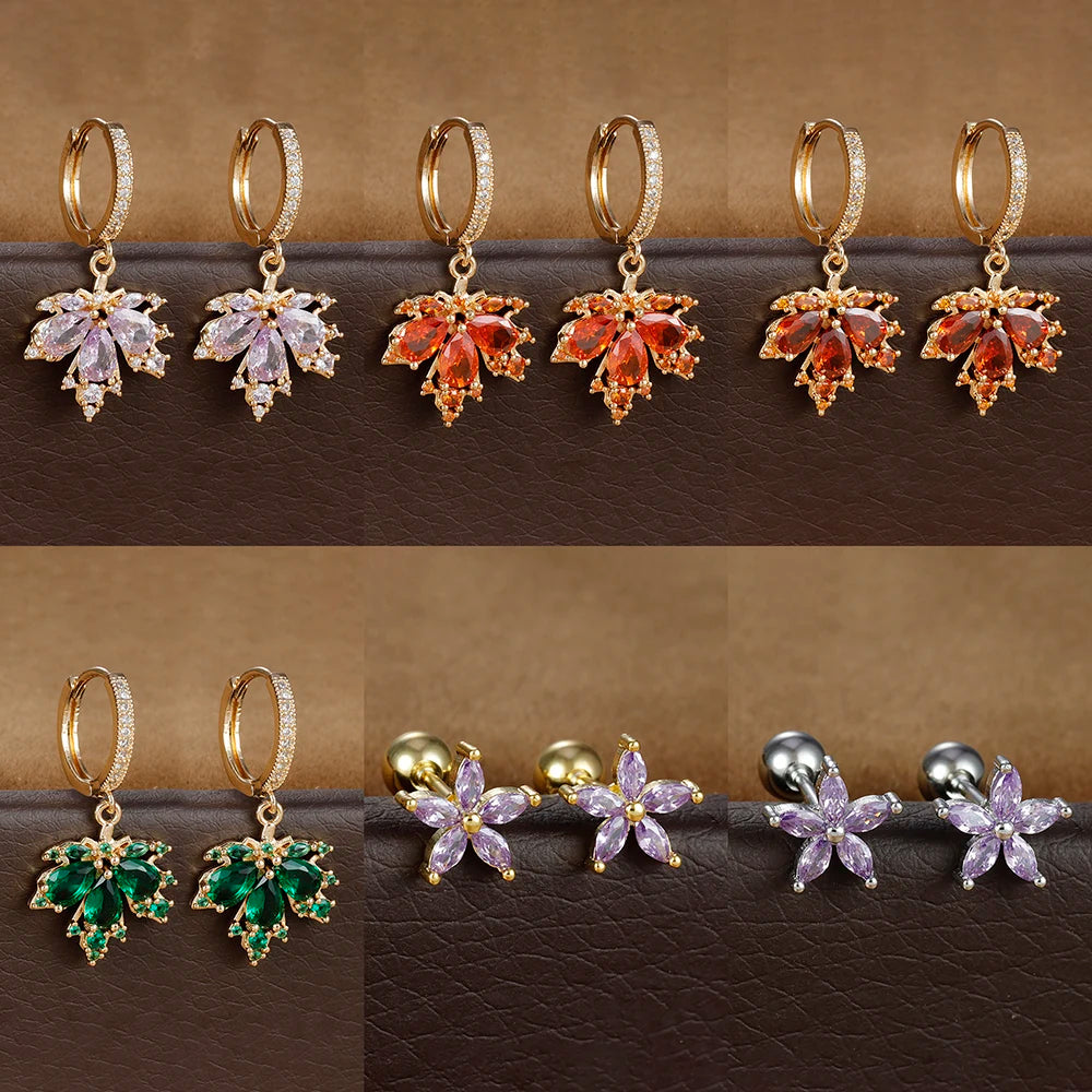 2pcs Vintage Crystal Zircon Stainless Steel Maple Leaf Earrings for Women Temperament Hoop Earrings Party Piercing Jewelry Gift