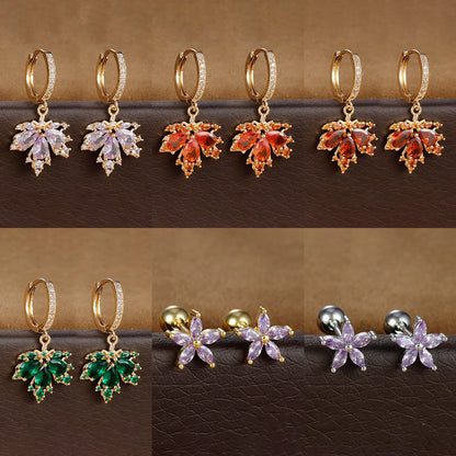 2pcs Vintage Crystal Zircon Stainless Steel Maple Leaf Earrings for Women Temperament Hoop Earrings Party Piercing Jewelry Gift