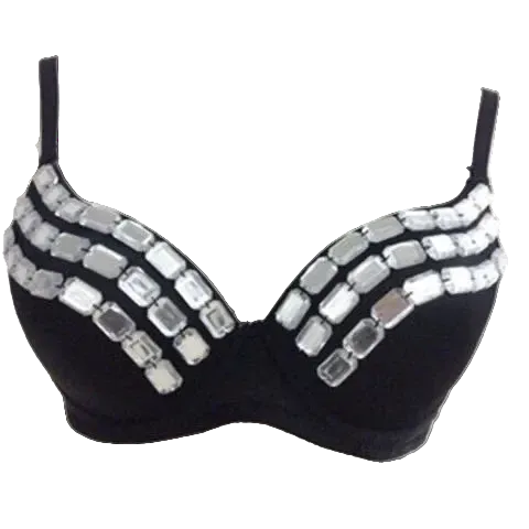 Black bra with multiple rows of rectangular silver rhinestones on the cups, displayed on a white mannequin torso.