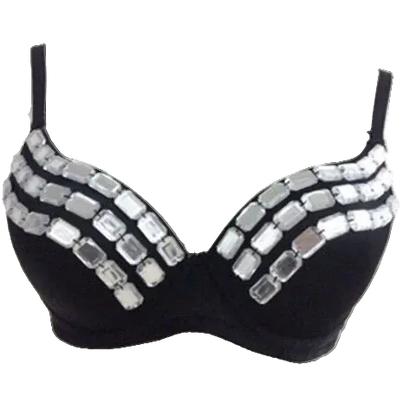 Black bra with multiple rows of rectangular silver rhinestones on the cups, displayed on a white mannequin torso.