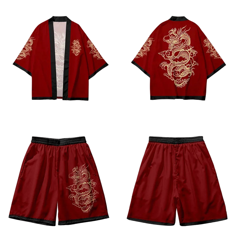 Red traditional outfit with dragon embroidery on a white background
