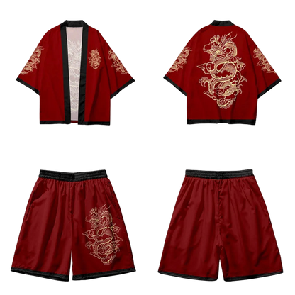 Red traditional outfit with dragon embroidery on a white background