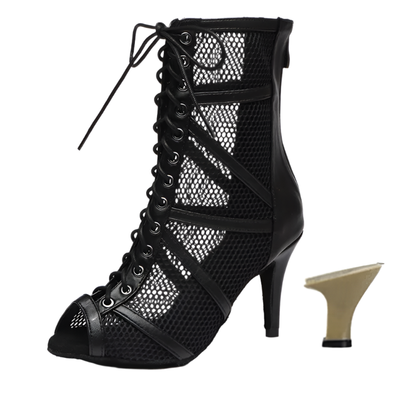 Red mesh ballroom dancing boots with fish mouth design stiletto heels and adjustable instep zip perfect for salsa dance performances and resort entertainment
