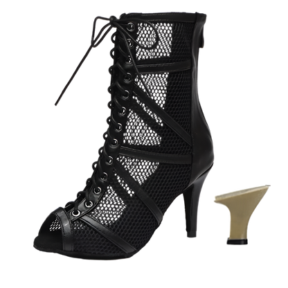 Red mesh ballroom dancing boots with fish mouth design stiletto heels and adjustable instep zip perfect for salsa dance performances and resort entertainment
