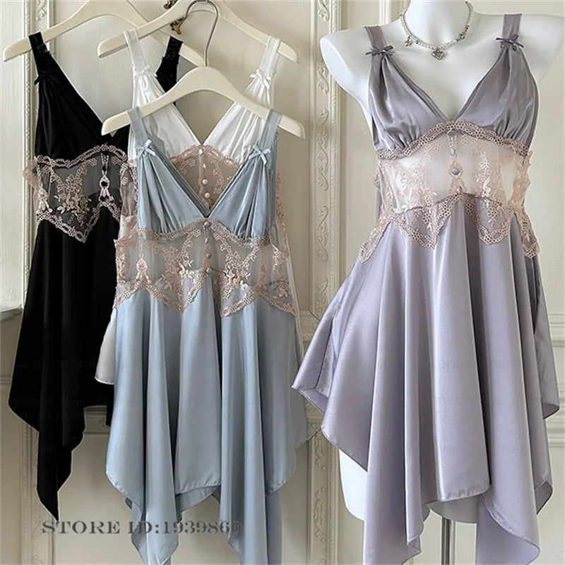 Sexy Women Lingerie Nightgown Chemise Sleepwear Patchwork Hollow Out Lace Nightdress Homeweae Summer Ice Silk Nightie Loungewear