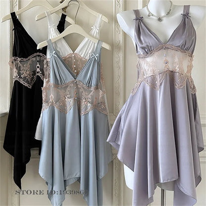 Sexy Women Lingerie Nightgown Chemise Sleepwear Patchwork Hollow Out Lace Nightdress Homeweae Summer Ice Silk Nightie Loungewear