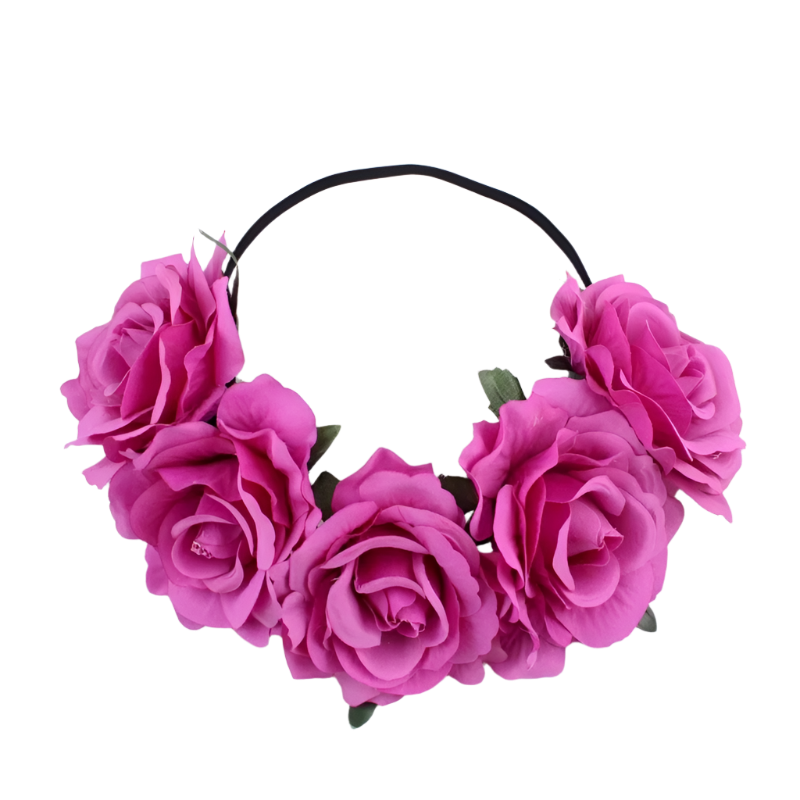 A floral headband featuring large, vibrant roses. The design is bold and romantic, perfect for a bohemian or festival look.