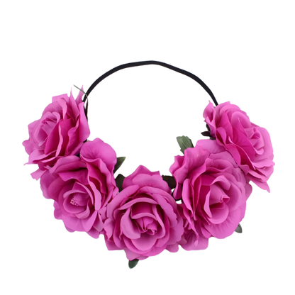 A floral headband featuring large, vibrant roses. The design is bold and romantic, perfect for a bohemian or festival look.