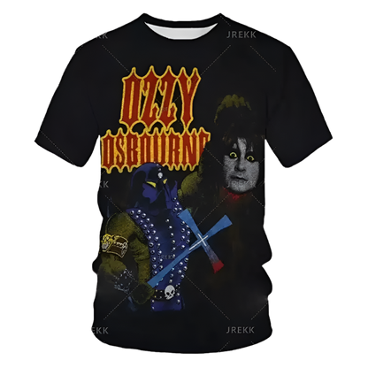 Black t-shirt with colorful graphic design on a white background