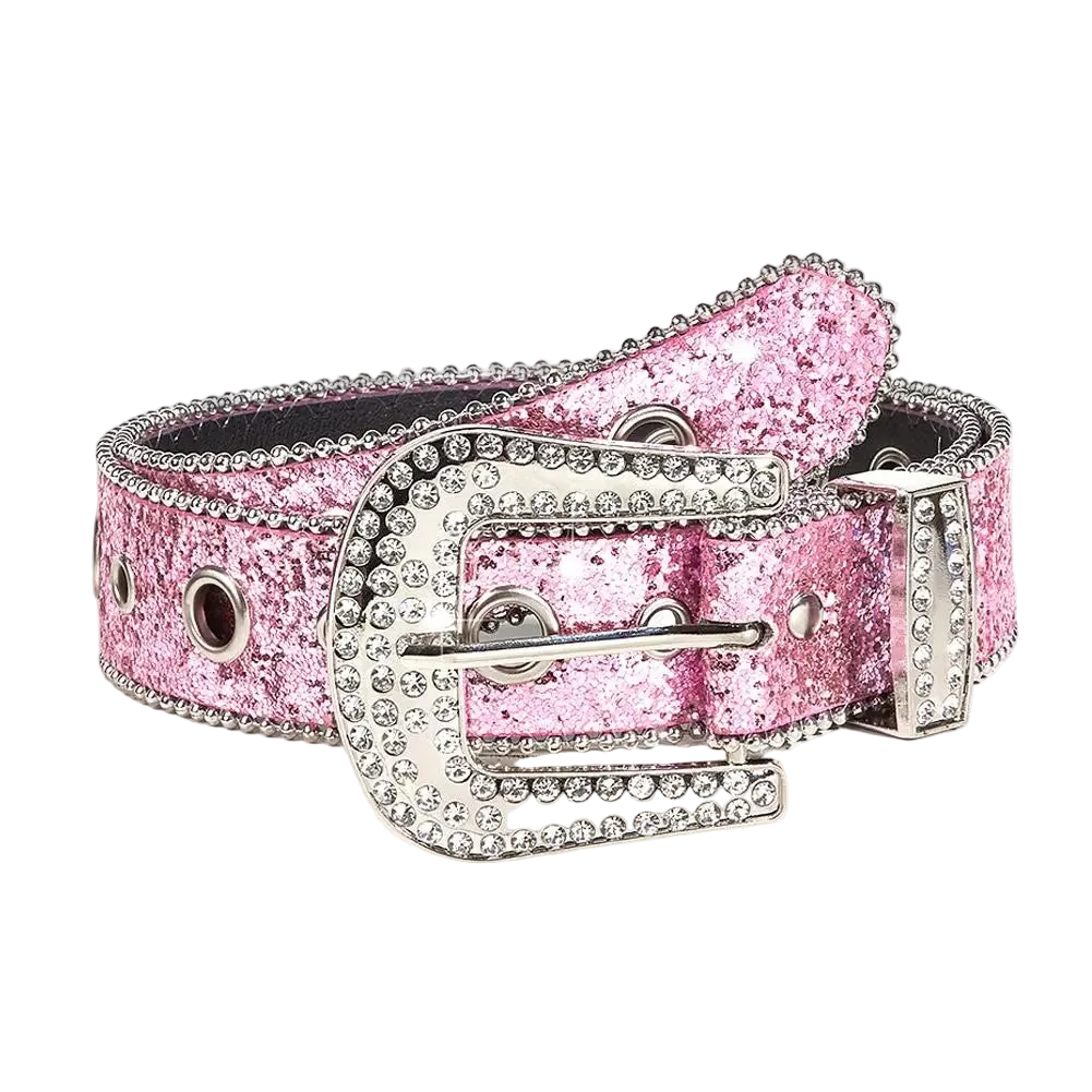 Pink glittery belt with a silver buckle on a white background