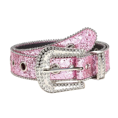 Pink glittery belt with a silver buckle on a white background