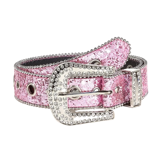 Pink glittery belt with a silver buckle on a white background