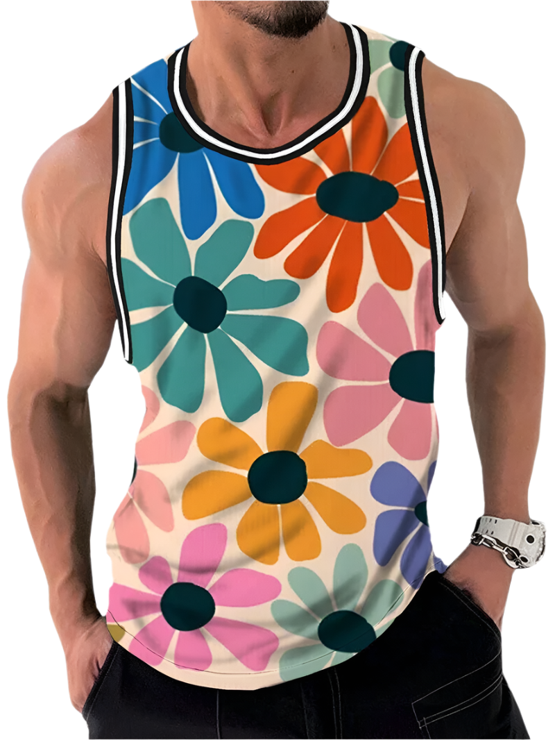 Vintage rainbow flowers 3D print tank top with unisex Y2K vacation party oversized sleeveless T-shirt vest design for resort entertainment