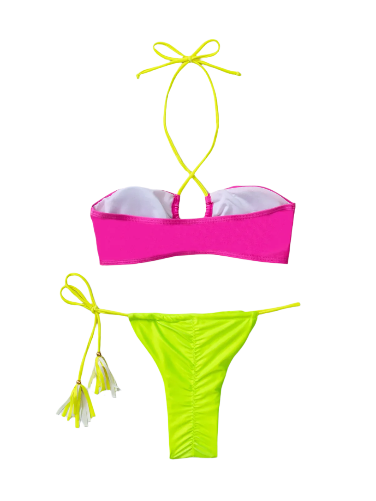 A vibrant bikini with a hot pink top and neon green bottoms. It features a minimal design with string ties, creating a bold and colorful look.