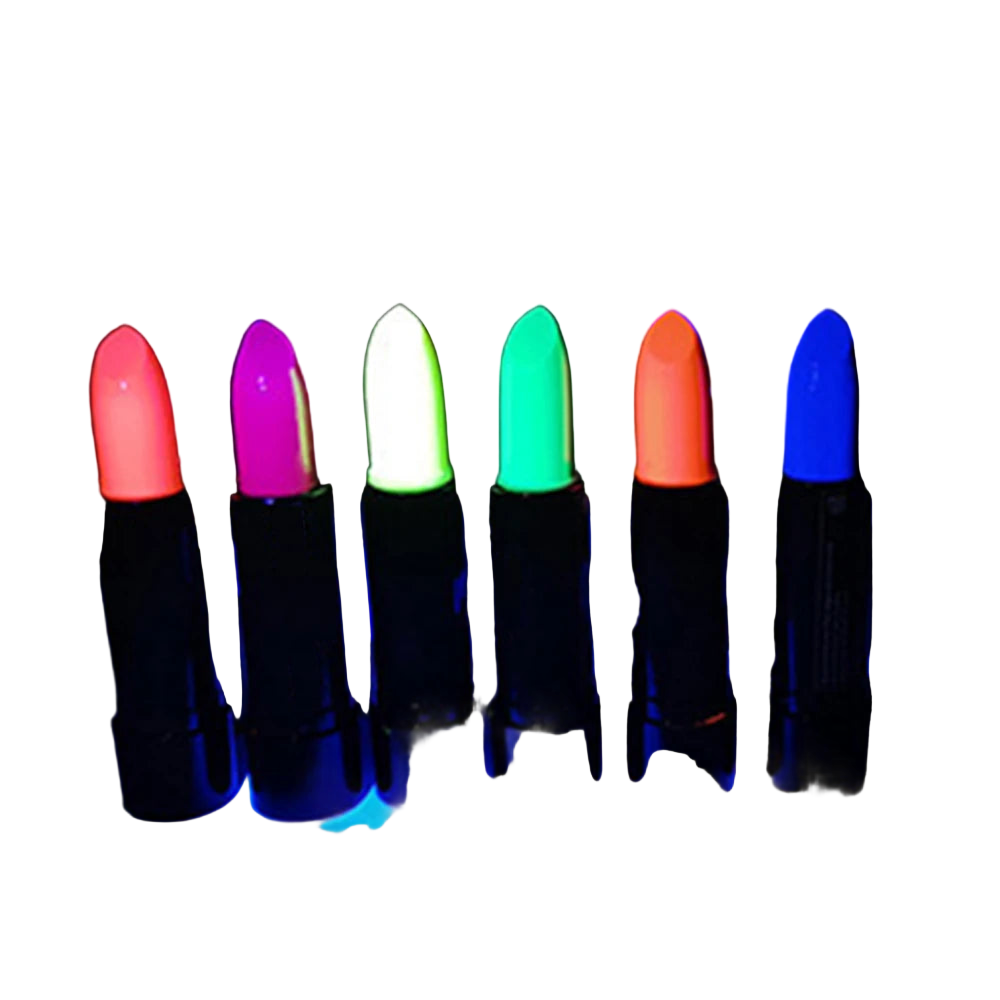 Set of six lip-shaped glow sticks in red, pink, green, orange, and blue on a black background.