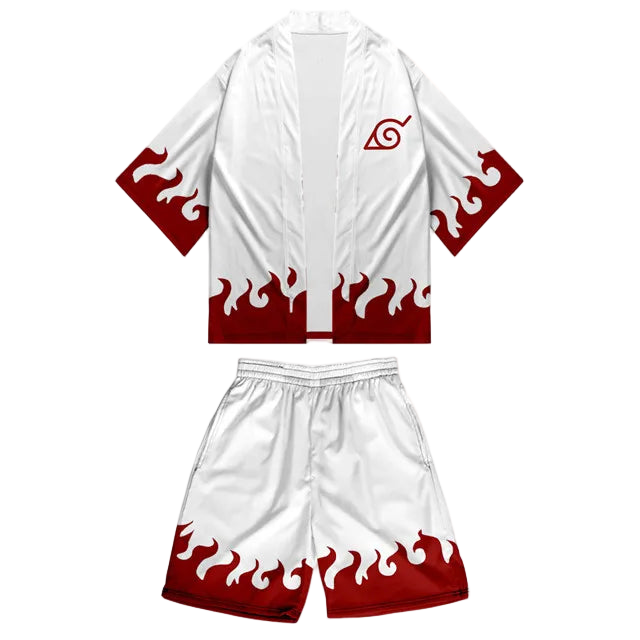 White and red outfit with flame design on a white background