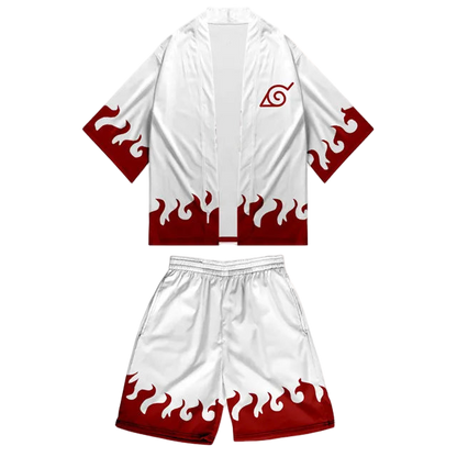 White and red outfit with flame design on a white background