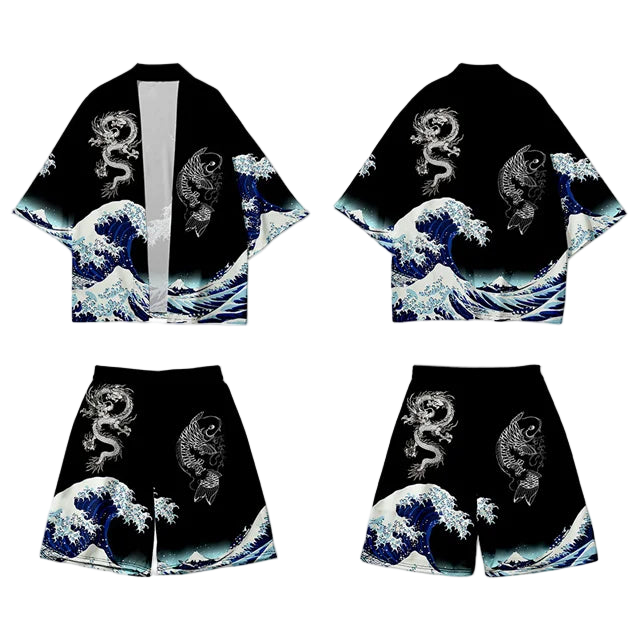 Set of clothing with wave and dragon design on a black background