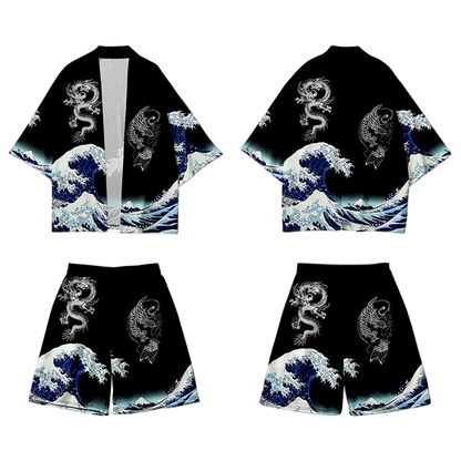 Set of clothing with wave and dragon design on a black background