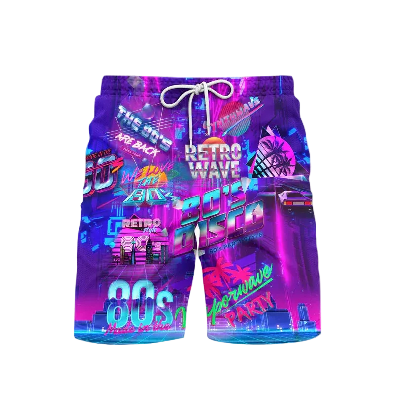 Neon-colored shorts with retro-themed graphics on a white background